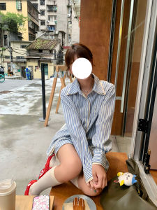 Retro American Splicing Stripes Long Sleeve Shirt Casual Loose Shorts Spring Summer Womens Set Polo Collar Buttoning Polyester