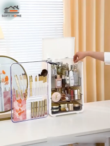 Isidoro.os Cosmetics Box Makeup Storage with Dustproof Cover Portable Desktop Waterproof Tidy Up Box