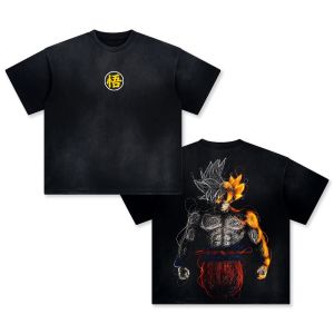 Bandai | Dragon Ball Z Mens and Womens Washed T-Shirt Son Goku Summer Spring Anime Tee Retro Distressed Versatile Loose Short Sleeve
