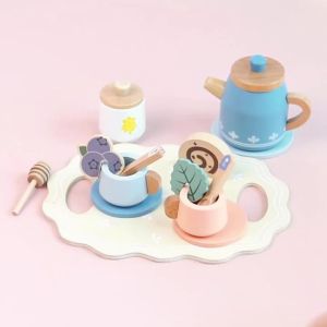Wooden Tea Set Play Food Pretend Play Kitchen Accessories for 3 4 5 Years Old Toddler Princess Tea Time Party Food Toys