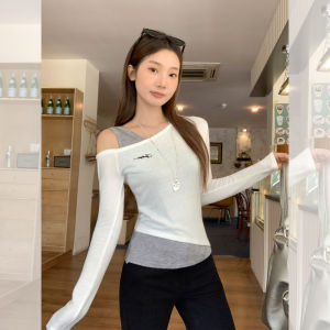 Korean Style Long Sleeve Embroidered Knit Top Shoulder Bared Base Layer T-Shirt Womens Autumn Top Slim Fit Daily Wear