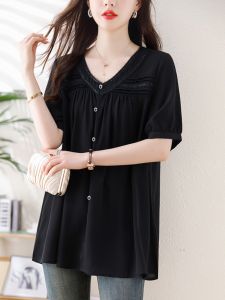 เสื้อเชิ้ตผ้าชีฟองคอวีแขนสั้นแฟชั่นสำหรับผู้หญิง ทรงหลวม ทรงเข้ารูป ฤดูร้อน 2024 เสื้อผ้าทำงานสไตล์ลำลอง