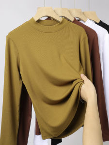 Áo Thun Nữ Dáng Ôm Dài Tay Cổ Đứng Mùa Xuân 2024 Áo Thun Cotton Pha Trộn Màu Trơn Phong Cách Hàn Quốc Mặc Trong