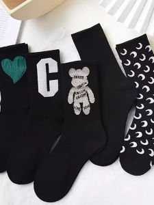 Cute Black Bear Shark Pants Matching Mid-Calf Socks Korean College Style Trendy Outerwear Womens Home Comfort Stockings