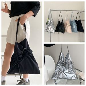 IU MISS Korean Style Bow Drawstring Bag Fold Bowknot Nylon Ruched Shoulder Bag Fashionable Large Capacity Silver Tote Bag Women