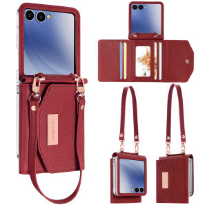 VIETAO Dark Red PU Leather Wallet Phone Case with Wrist Strap for Galaxy Z Flip 7/6/5/4/3 Womens Fashionable Phone Cover Case