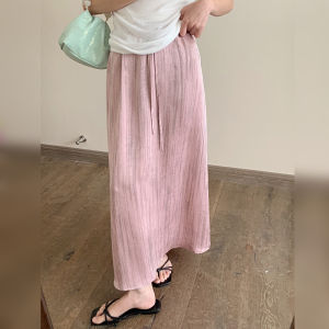 Slimming High Waist Drawstring Acetate Half Skirt Korean Style Striped Long Skirt for Women Summer Season Commute Wear