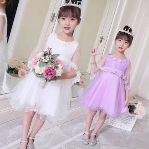 Princess Style Summer Dress for Girls Puffy Skirt Mid-Tall Childrens Fashionable Clothing Lace Material Floral Pattern A-Line Skirt