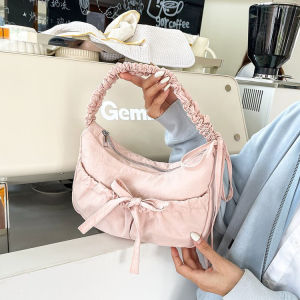 Ballet Girl Style Butterfly Knot Underarm Bag Versatile Single Shoulder Crossbody Bag Folded Design Mini Size Soft Oxford Cloth