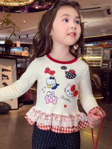 Spring Fashion Girls Long Sleeve Ruffle Hem Base Shirt Childrens Ballet Style Splicing Cartoon Top for Girls Ages 3-14