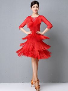 ชุดรำลาตินสำหรับผู้หญิง ชุดเต้นรำลาตินสำหรับผู้ใหญ่ ชุดการแสดง ชุดฝึกซ้อมการแข่งขัน ชุดเซ็กซี่ กระโปรงยาวคลุมเข่า แขนสั้น ปิดด้วยกระดุม