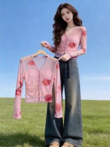 Gift for Mothers Day Pink Print Mesh Sun Protection Blouse