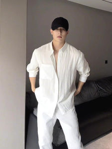 French Style Temperament Cotton and Linen Champray Shirt Mens Fancy Loose Long Sleeve Sun Protective Top Linen Breathable Work Clothes Shirt