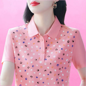 QIAOXIZI | Summer Loose Fit T-shirt for Women with Print and Turn-down Collar