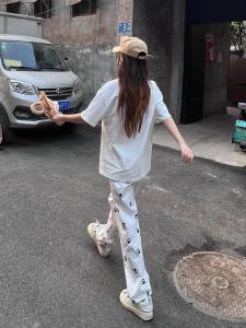 Quần Ống Rộng Dài Màu Trắng Thường Ngày Dành Cho Nữ Quần Dài Đến Sàn Họa Tiết Móng Chân Chó Quần Ống Rộng Cạp Cao Dáng Rộng
