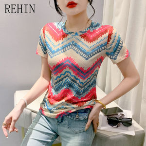 REHIN Summer new fashion unique wave pattern printing short-sleeved T-shirt round collar elegant womens top