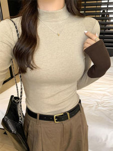 K-style Cuff Contrasting Colors Patchwork Design Half Turtleneck Cashmere Long Sleeves T-shirt Female Winter Silm Slimming Bottoming Top