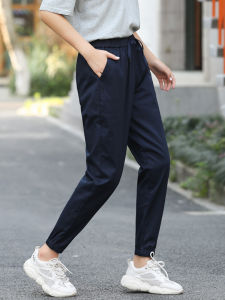Slim Fit Blue Workwear Pants Womens Summer Thin Casual Sports Trousers Loose Elastic Waist Nine Points for plus Size Girls