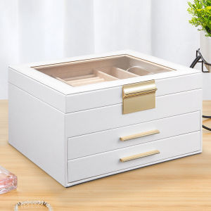 Jewelry Box with Glass Lid 3-Layer Jewelry Organizer 2 Drawers for Earing Necklace Girls Women