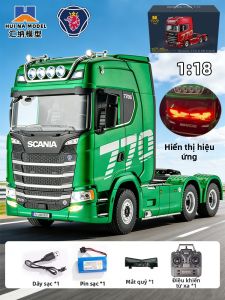 HUI NA | Mô hình xe tải nặng Scania 770S màu xanh lá - Kèm rơ-moóc sàn phẳng chất liệu hợp kim