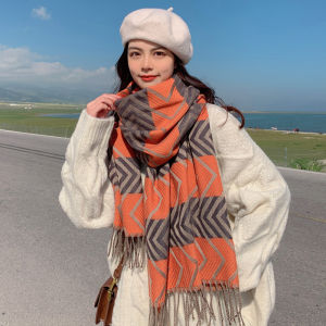 Internet Celebrity Ins Fall and Winter Stripes Scarf Womens Thermal Long Jacquard K-style Trendy Cashmere-like Scarf Easiest for Match Shawl
