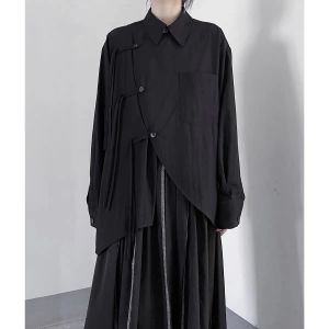 Autumn Fashion High-End Sensation Long Sleeve Button up Shirt New Chinese Style Design Unique Uneven Cut Commute Loose Fit