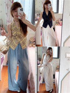 Áo Ba Lỗ Không Tay Cổ Treo Thiết Kế Nút Kẻ Caro Thời Trang Mùa Hè Cho Nữ Áo Vest Ôm Vừa Vặn Xếp Ly Chất Liệu Khác