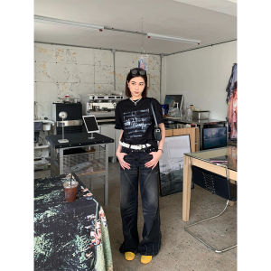 High Waist Wide Leg Straight Cut Black Denim Jeans Womens Loose Fit Floor Length Pants Vintage Style Casual Trousers