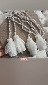 1Pair Sheer Curtain Tieback Pearl Magnolia Flower Lace Tassel French Princess Style