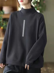 เสื้อยืดคอกลมแขนยาวทรงหลวมสไตล์ลำลองสำหรับฤดูใบไม้ร่วงและฤดูหนาว ผ้าขนแกะสองหน้า ทรงหลวม แขนยาว คอกลมสูง ทรงหลวม เสื้อชั้นในแบบสวมหัว