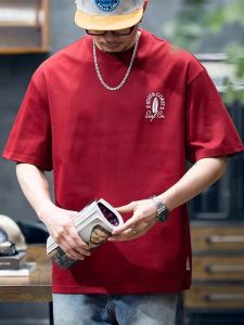 Heavyweight Pure Cotton Summer Short Sleeve T-Shirt Mens Loose Fit Large Size Red round Neck Student Top Youth Fashion Casual Wear