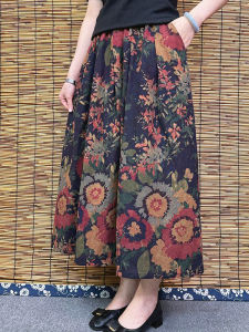 Retro Print Half Skirt Spring New Fashion Elastic Waist Versatile Elegant Loose Slimming Midi Skirt Casual High Waist A-Line