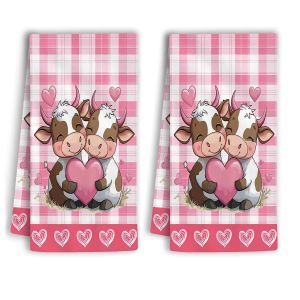 2Pcs Valentines Day Pink Plaid Heart-Shaped Cute Cow Kitchen Towel 40Cm*60Cm Towel Set Super Absorbent Soft Cleaning Cloth Cooking and Baking Tea Towel Hand Towel Cleaning Cloth Dishcloth Kitchen Decoration Living Room Decoration Kitchen Ess...