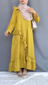 Ghanimi - Inaya Dress / Gamis Linen Ruffle Polos Fit Kancing Muslim Casual Nyaman Panjang gamis Wanita Basic Katun
