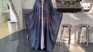 Europe and America muslim Trendy Lace Splicing Beads Loose Lace-up Long-Sleeved Cardigan Robe for Women 1653