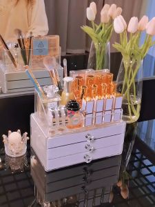 Drawer Cosmetic Organizer Storage Box Clear Acrylic Makeup Case Grey Lipstick Organiser Bekas Laci Kosmetic