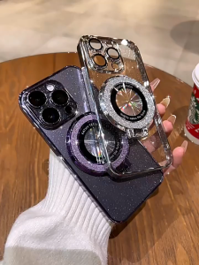 Luxury Glitter 180° Foldable Magsafe Stand Ultra Thin Electroplating Hard Phone Case For iPhone 16 15 14 Pro Max Plus 13 12 11 Pro Max Magnetic Wireless Charging Phone Cover Transparent Anti-fall Phone Casing With Glass Lens Film Protector
