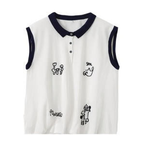 YUEZHONGWEI | Color Block Embroidered Ice Silk Short Sleeve Knitted T-Shirt Women Loose Slim Fit Summer New Style Korean Style Top