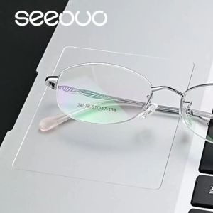 Seeouo Kacamata Stylish Wanita Fashion Glasses Oval Half Rim Full Metal Frame Plano Lens Bisa Minus Bluecromic 34579