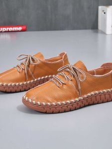 Handmade Womens Shoes Breathable Sweat Absorbent Soft Bottom Bean Bean Shoes Real Cowhide Lace up Casual Fashion Single Shoes