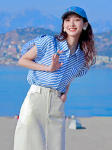 Basic House | Retro Blue Stripe Lightweight Short Sleeve Blouse