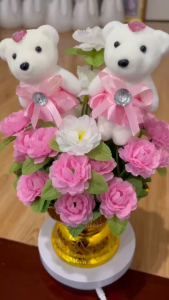 พานดอกมะลิ (พานดอกมะลิวันแม่สีชมพู พร้อมหมี 2 ตัว ) พานสวยๆๆ งานผ้าอย่างดี  พร้อมส่งจากไทย พานไหว้ครู ไหว้แม่ ไหว้ผู้ใหญ่