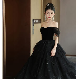 Elegant Black One-Shoulder Evening Gown for Women Korean Style Floor-Length Ball Dress Short Sleeve Beaded Party Dress