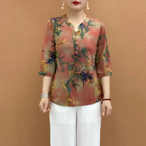 Elegant Long Sleeve T-Shirt for Middle-Aged Women Beautiful V-Neck Polyester Fiber Casual Comfortable Seven-Arm Shirt