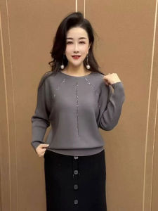 Fashionable Long Sleeve Knitted Top Womens round Neck Loose Base Shirt Diamond Embellished Mommy Style Autumn New Arrival
