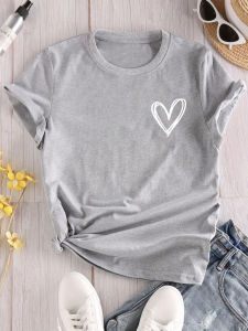 Heart Print T-Shirt Crew Neck Short Sleeve T-Shirt Casual Every Day Tops Womens Clothing