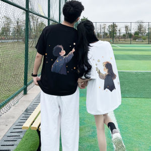 Unique Couple T-Shirts Cotton Short Sleeve Mens Womens Summer Fashion Korean Style Printed Loose Fit round Neck Top