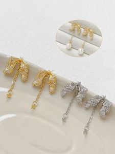 Gold Plated Copper Butterfly Knot Earrings Pearl Holder Tassel DIY Ear Jewelry Accessories Material Fashionable Jewelry Parts