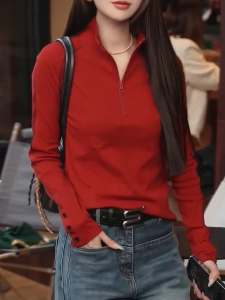 QINGNAER | Slimming Red Casual Half Zipper Stand-up Collar Long Sleeve Shirt Large