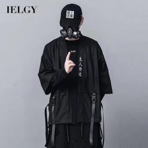 IELGY mens thin japanese letter print loose mid sleeve jacket